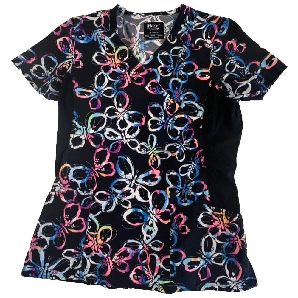 iflex Xherokee Women's Scrub Top Size XS Black‎ with Colorful Butterflies